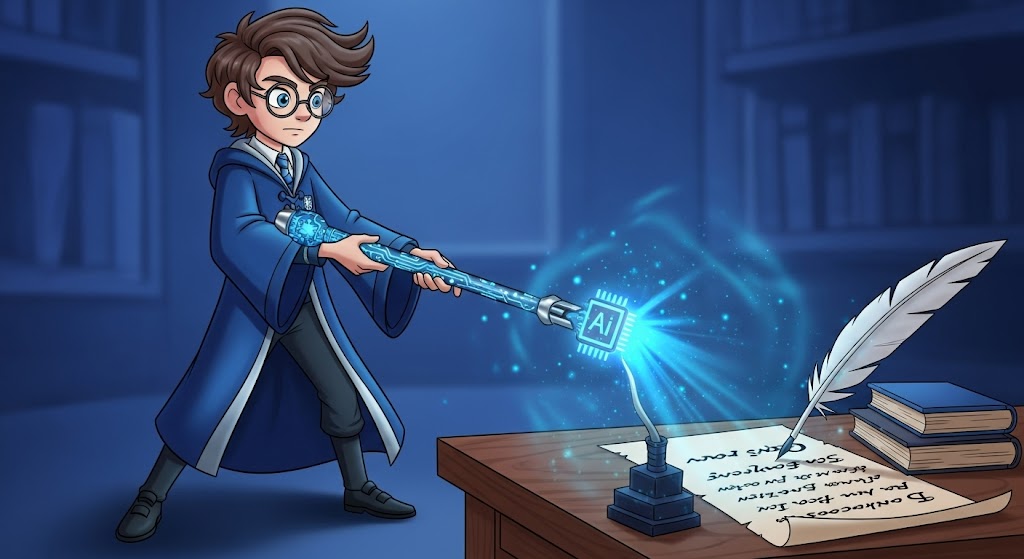 AI wizard using AI magic wand to write